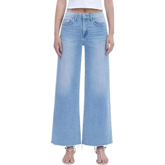 Women's High Rise Wide Leg Jeans Raw Hem Ankle Denim Seamless Waistband - Picture 1 of 4